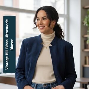 VTG Blassport by Bill Blass Blue Ultrasuede Blazer Jacket - Size 6 (Fits XS)